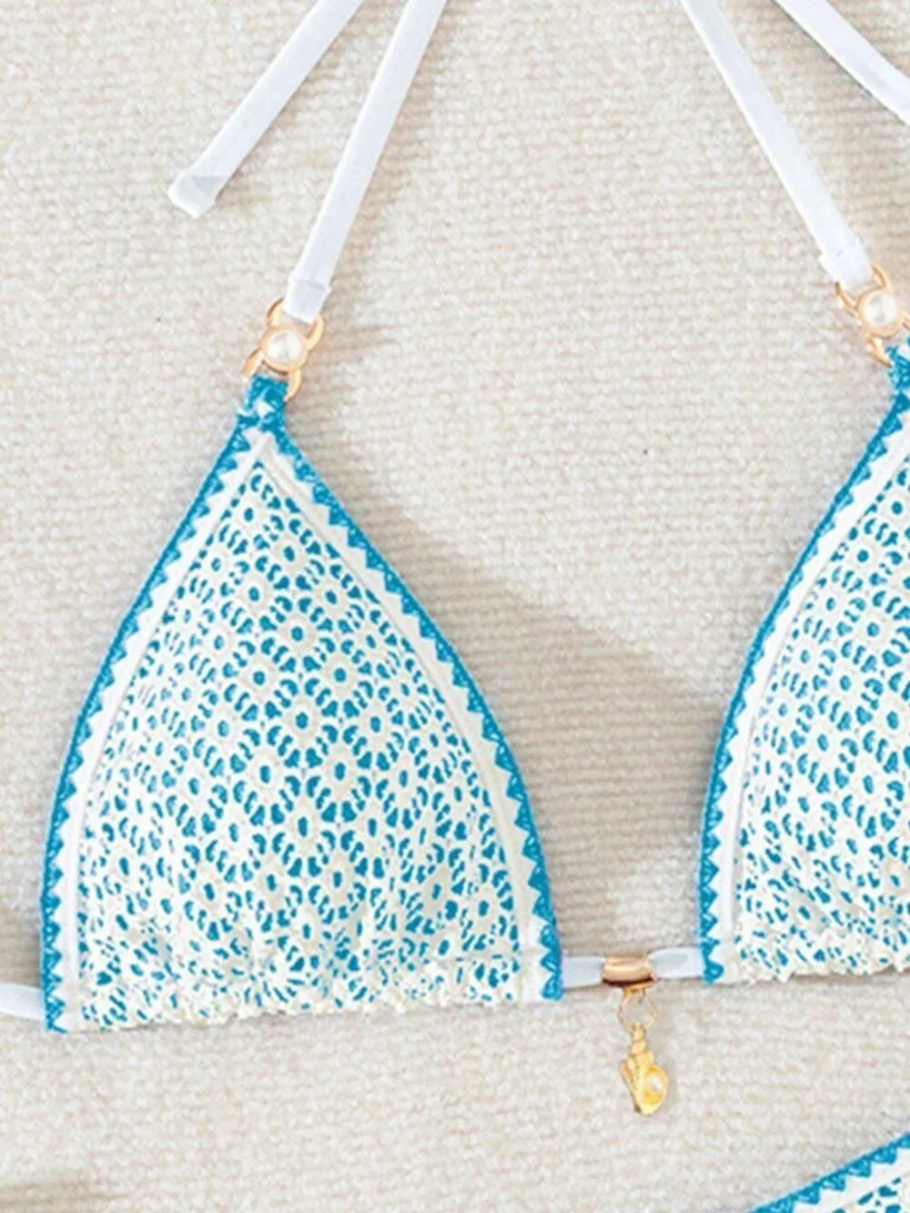 Baby Blue Women's Cute Sexy Beach Triangle Bikini with Shell & Pearl Details